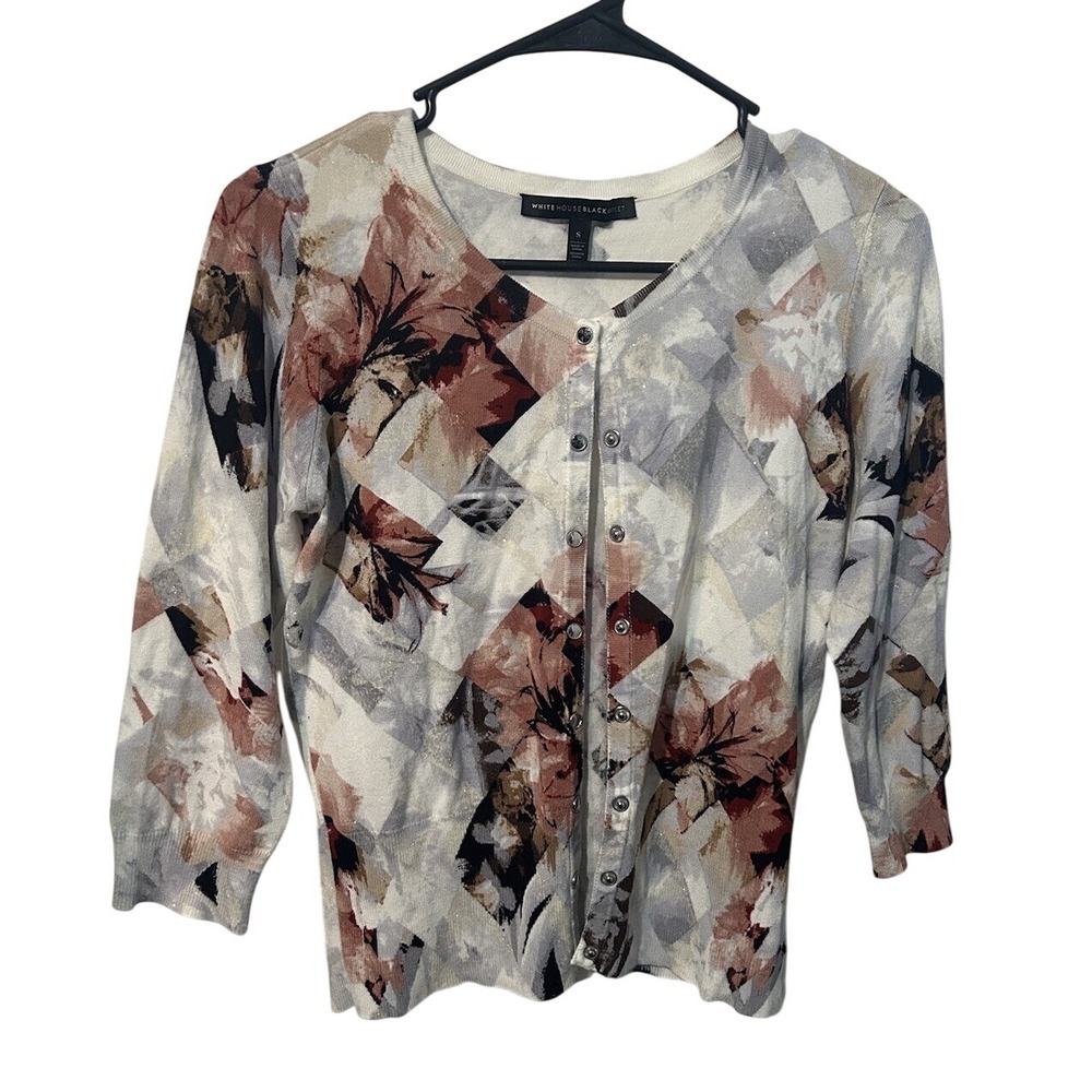WHBM‎ Cardigan Women XL Floral Good 3/4 Sleeve V-Neck Geometric